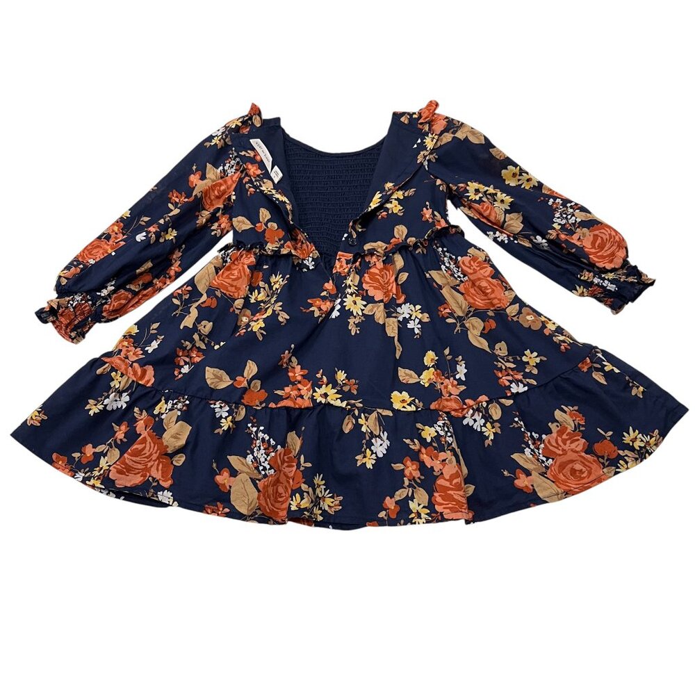 Janie and Jack Smocked Floral Ruffle Dress, Navy, 4 - Picture 3 of 8